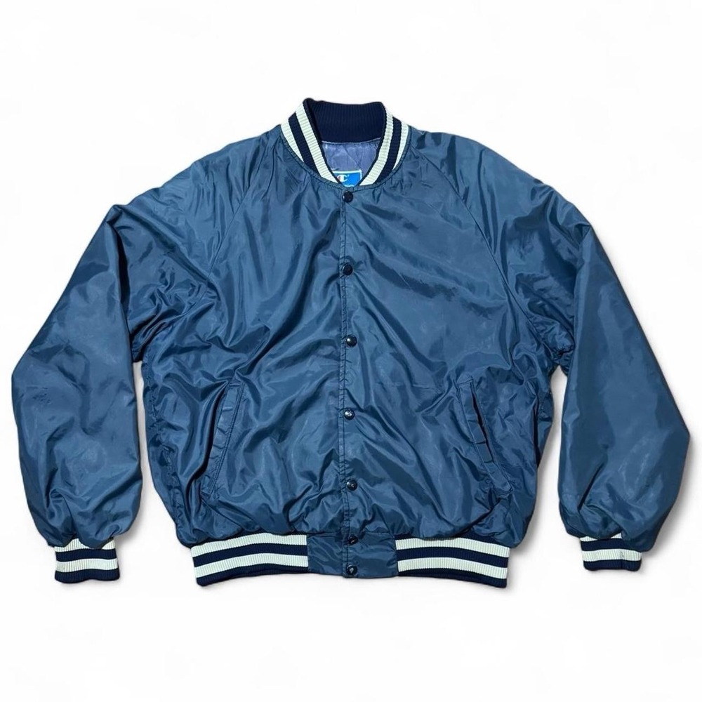 Vintage 1980s Navy Blue Distressed Champion Snap Bomber Varsity Jacket Large